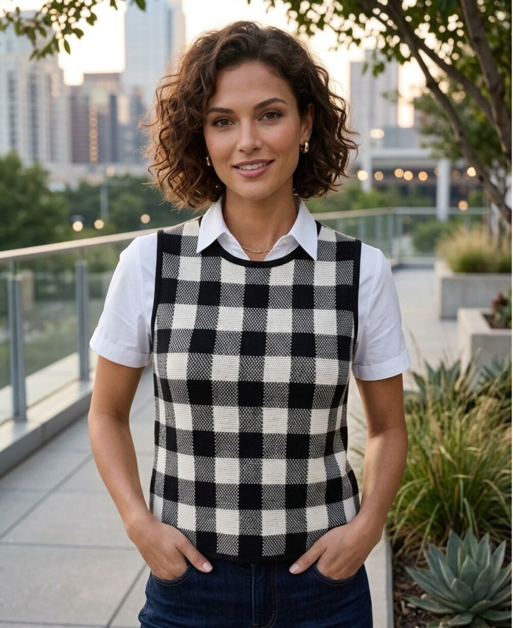 Pomander Place Tuckernuck Sweater Vest Large NWT Chic Black White Knit Gingham
